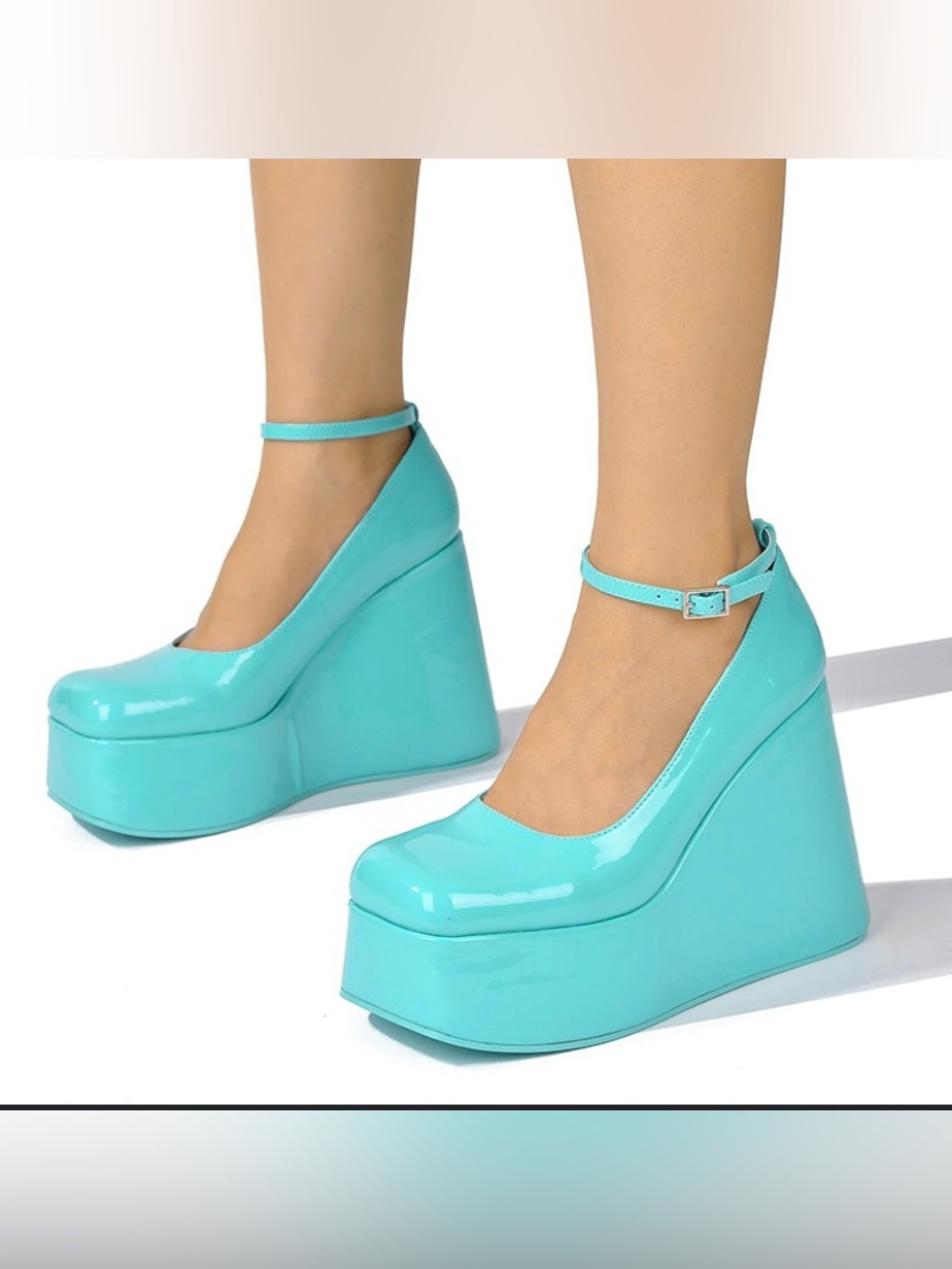 Cape Robbin Teal Platform Wedge Pumps with Ankle Strap